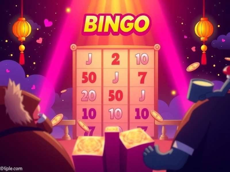 Vibrant Bingo hall with players and a large screen displaying Bingo numbers and music notes