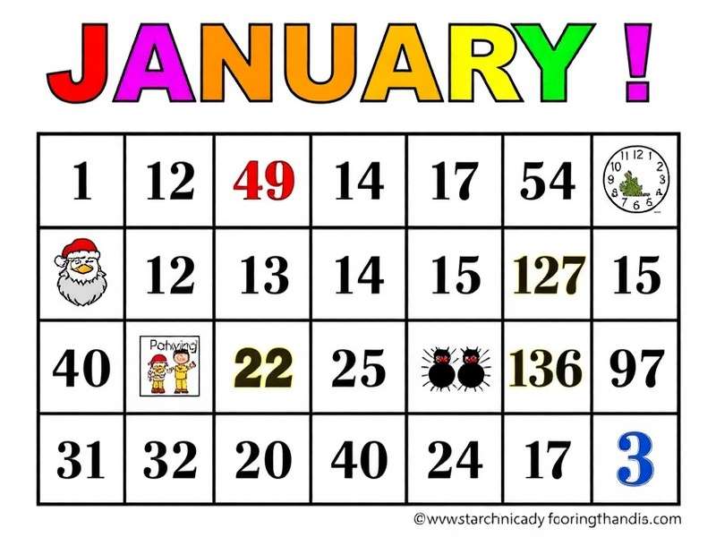 Colorful January bingo cards with winter themes for children