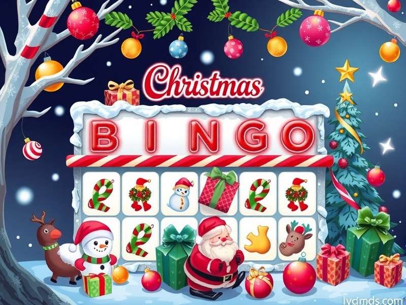 A vibrant Christmas Bingo party with Indian family playing around a decorated table