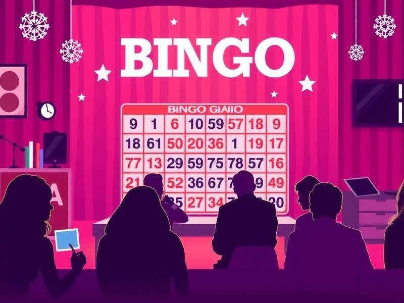 Group of diverse people laughing and playing bingo at a lively party with colorful cards and chips