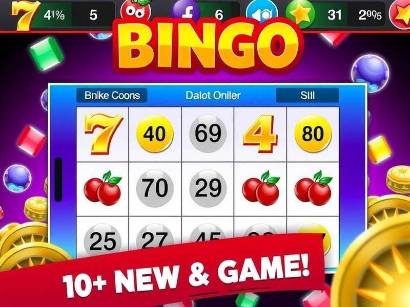 A smartphone displaying a vibrant Bingo Game Caller App interface with numbers and cards