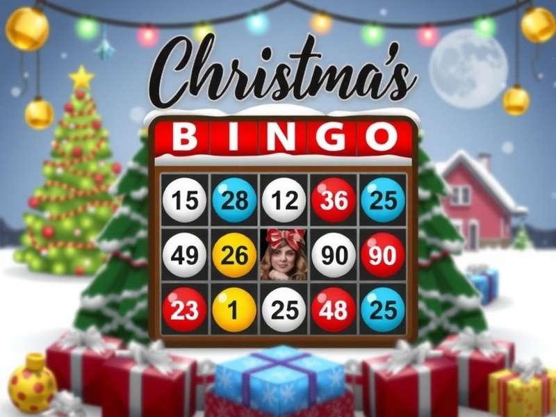 A family happily playing Christmas-themed Bingo game around a decorated table