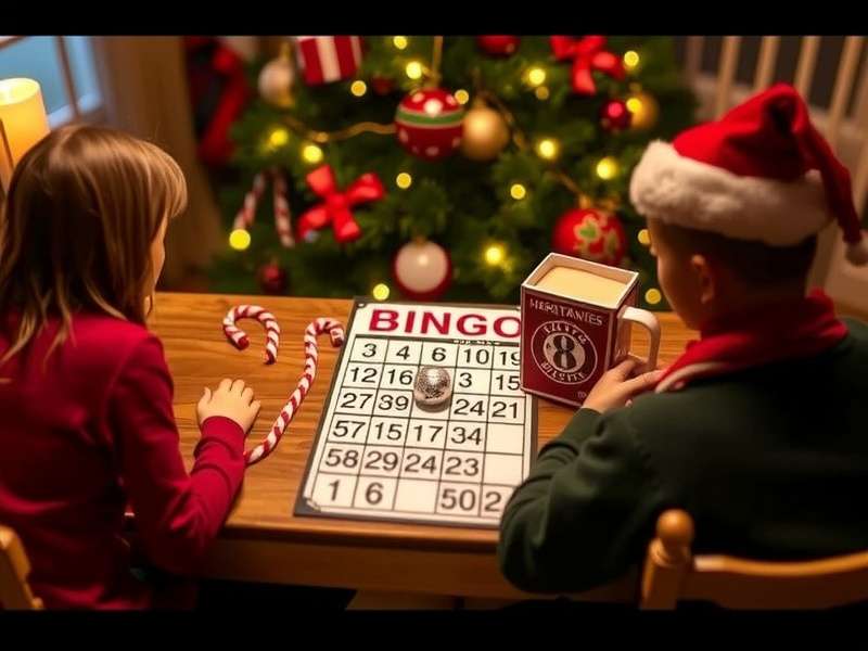 Christmas Bingo Game For Family playing together around a festive table with tree and decorations