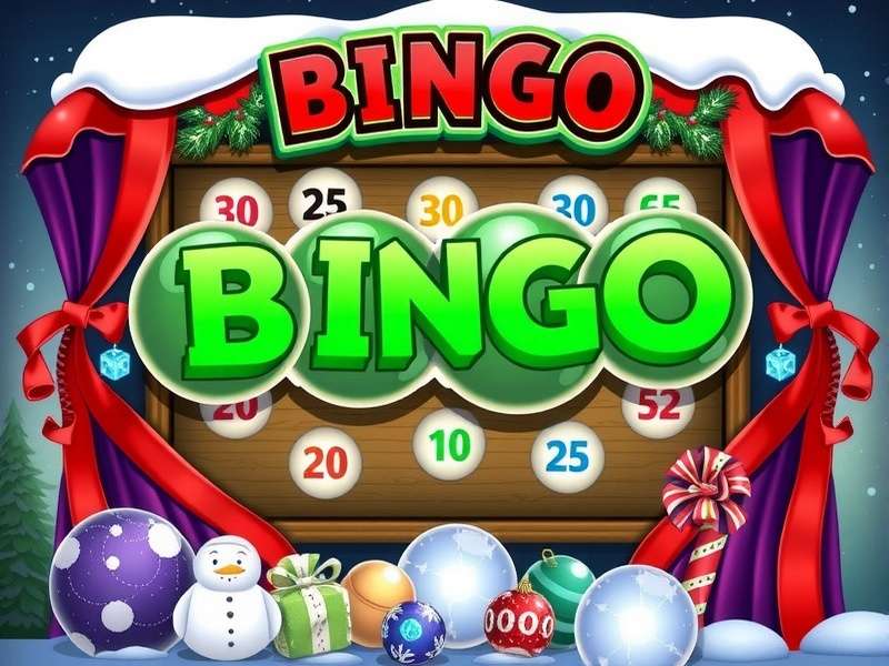 Christmas Bingo Game festive scene with colorful bingo balls and holiday decorations