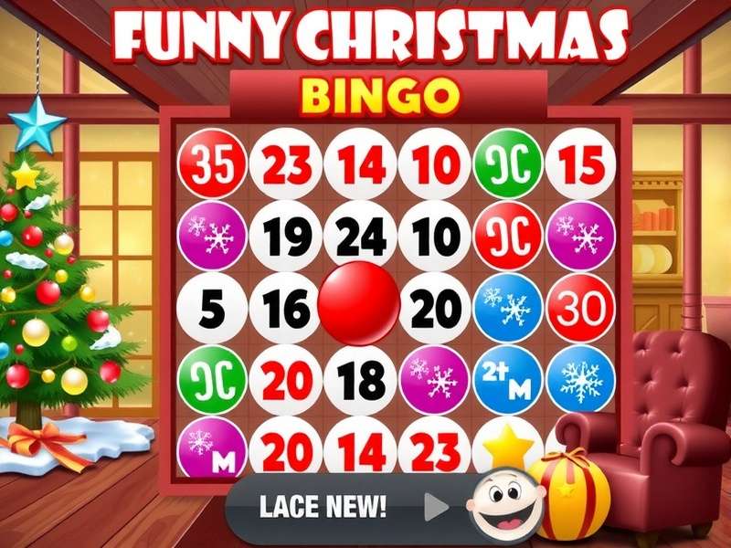 Funny Christmas Bingo Game with festive decorations and bingo cards