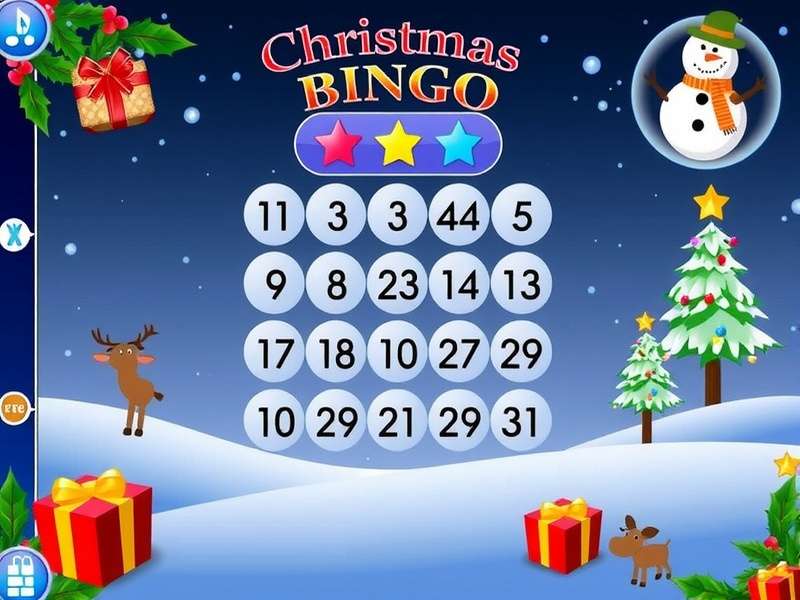Christmas Bingo game with festive decorations, Santa hats, and bingo cards on a wooden table